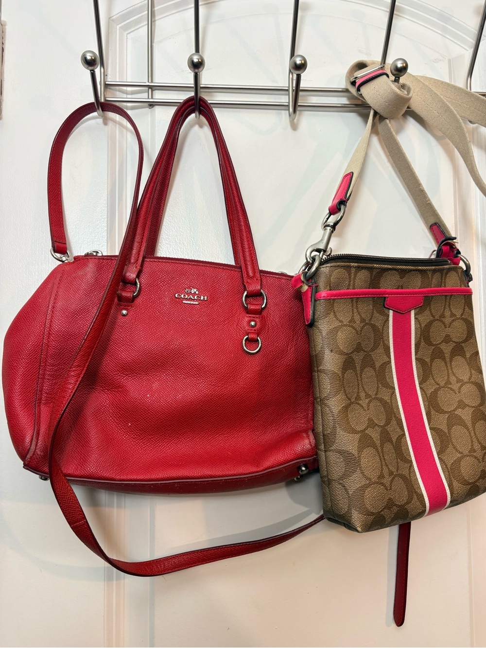 Coach Bag Bundle: Red Leather Kelsey Satchel & Signature Stripe Crossbody